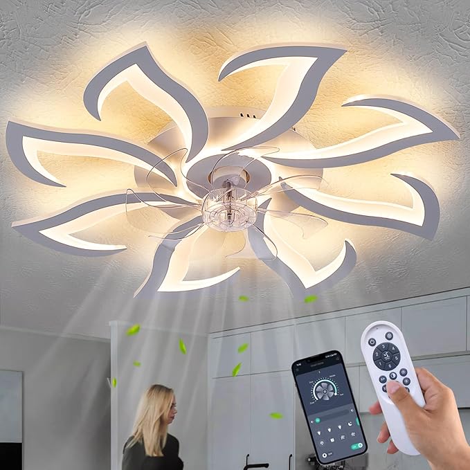 Modern Ceiling Fan with Lights Remote Control, 32" White Flush Mount Ceiling Fan with Light, 6 Speeds 3 Light Color Low Profile Ceiling Fan for Kitchen Bedroom