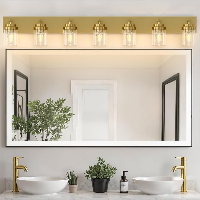 IZORRO Bathroom Vanity Light Fixture, 7-Light 52 inch Gold Bathroom Light Fixtures Over Mirror, with Clear Glass Shade, Modern Farmhouse Vanity Lights, Rustic Restroom Lighting Fixtures