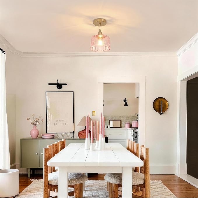 Shenmoyl Pendant Light with Pink Striped Glass Lmapshade, Brass Vintage Pendant Light Adjustable Hanging Light for Kitchen Island Dining Room Hallway