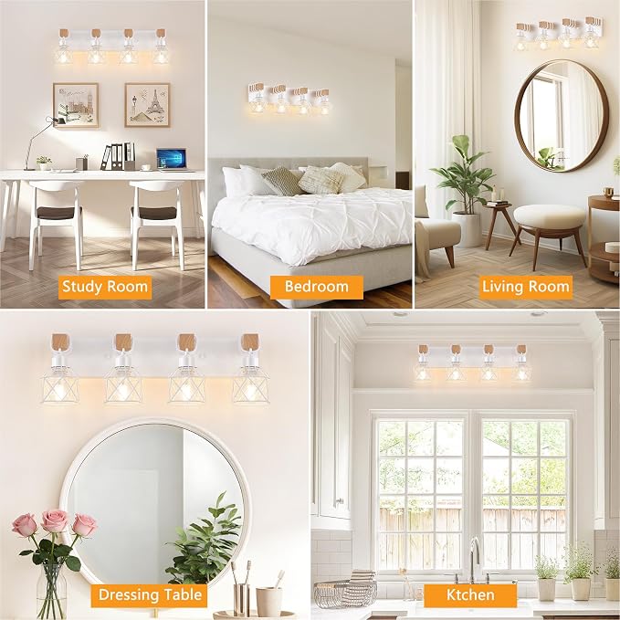 FadimiKoo 4-Light Farmhouse Vanity Lights for Bathroom, White Wood Bathroom Light Fixtures Over Mirror, Rustic Vanity Lights with Metal Shade, Bathroom Lighting for Living Room, Bedroom, Hallway