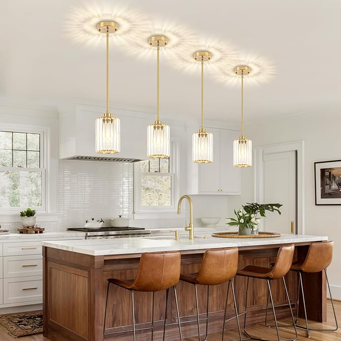Modern Crystal Pendant Lights Kitchen Island, Brushed Brass Pendant Lighting Over Island Kitchen Hanging Light Fixtures Adjustable Mini Pendant Light for Dining Room Bathroom Entryway Hallway Foyer