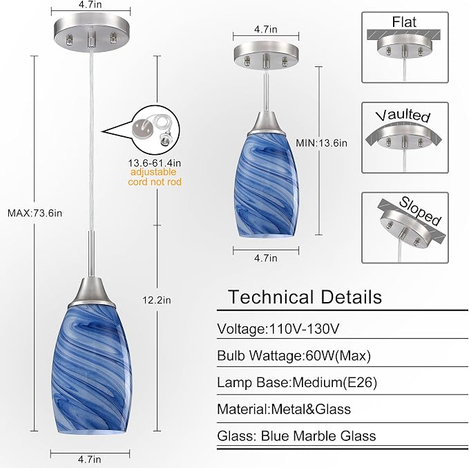 Viinew Mini Glass Pendant Light,Blue Marble Glass Pendant Light 3-Pack | Dark Blue Marble Art Glass Hanging Light,4.72" Handblown Oval Shade Adjustable Cord Ceiling Light for Kitchen