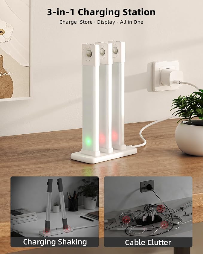 EZVALO 6 Pack 8 inch Under Cabinet Lighting with Charging Station, Rechargeable Motion Sensor Lights, Wireless Magnetic LED Closet Lights, 3 Color Temperatures, Dimmable for Kitchen, Pantry, Stair