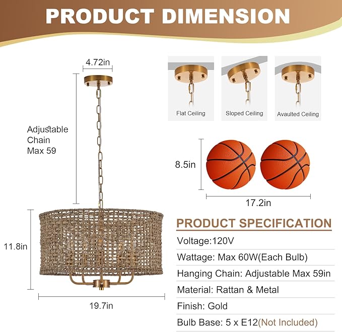 Boho Hand-Woven Rattan Chandelier Vintage Farmhouse Bamboo Golden Chandelier Modern 5-Lights Drum Wicker Gold Chandeliers for Dining Room, Kitchen, Living Room, Entryway, Bedroom, E12