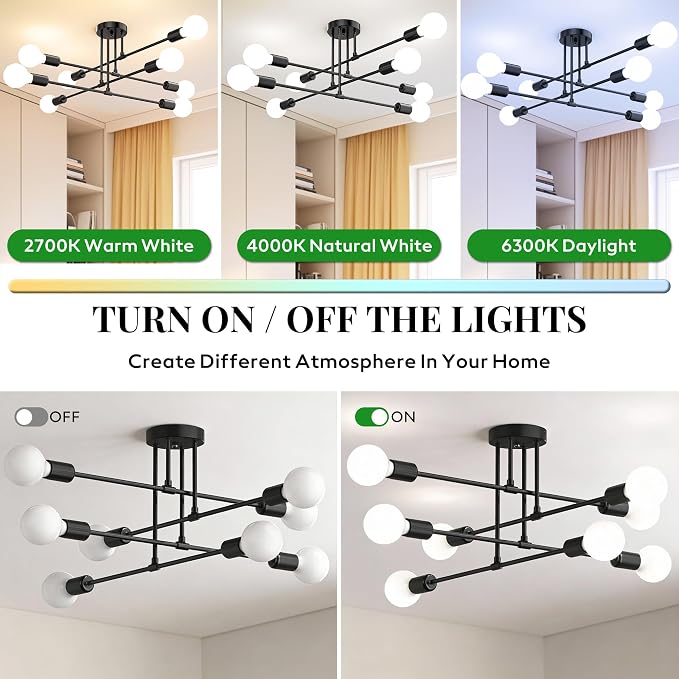 Modern Sputnik Chandelier Ceiling Light Fixtures, 8-Lights Mid Century Industrial Metal Semi Flush Mount for Dining Room, Bedroom, Living Room-Black