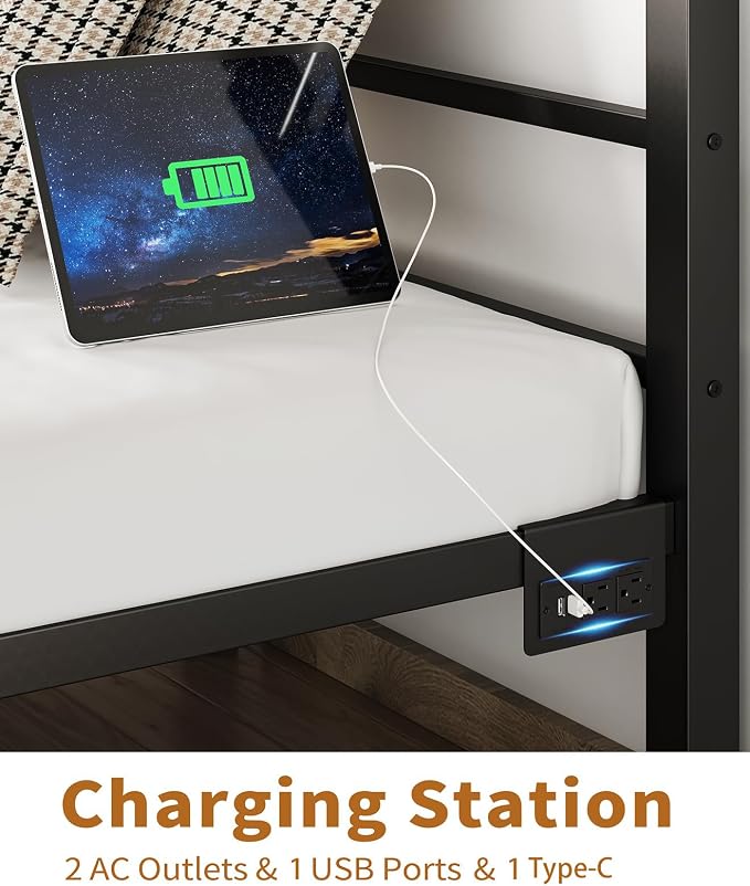 CollaredEagle Twin Bed Frame with LED Lights and Charging Station, Black | Twin Size/ Metal Frame/ Built-in Charging Station/ RGB LED Lights/ Noise-Free/ 10.8 inch Under-Bed Storage
