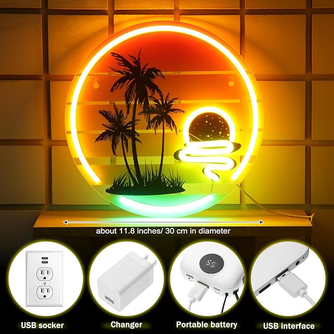 Tropical Neon Sign 11.8 Inch Palm Tree Sunset Neon Light for Wall Decor Colorful LED Light up Bar Signs for Bedroom Bar Beach Theme Restaurant Party Decor Gift