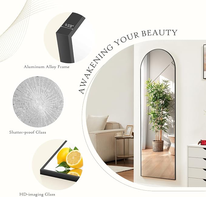 Arched Full Length Floor Mirror, 21"x64" Body Wall Mirror with Stand | Shatter-Proof Nano Glass, Tall Standing, Hanging or Leaning, Aluminum Alloy Frame for Bedroom, Modern Home Decor, Black