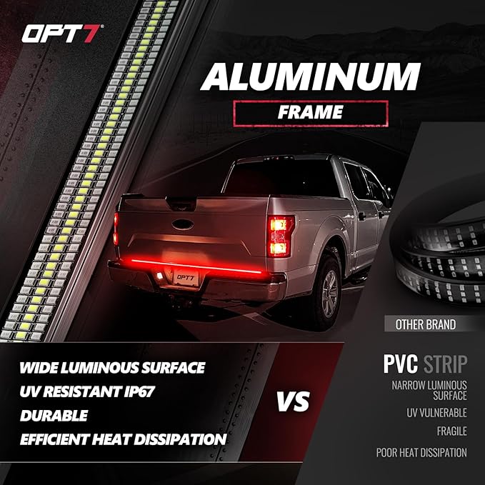 OPT7 Redline 60" Aluminum Truck Tailgate Light Bar w/Sequential Red Turn - Weatherproof Rigid 1-Piece Triple Row LED Strip - Dynamic Taillight w/White Reverse - Fits F150, Silverado, Sierra, Ram