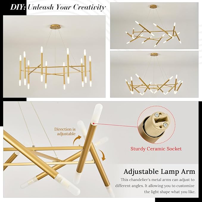 Gold Chandelier Light Fixture, 56" Round Dining Room Chandelier Over Table 20 Light Geometric Modern Chandeliers Mid-Century Hanging Light Fixture for Foyer Living Room Master Bedroom, G9