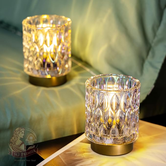 Battery Operated Table Lamp Timer, Small Cordless Lamps Decorative, 2 Pearl | Mini Crystal Lamp for Area No Plug, LED Battery Powered Lamps Wireless, Glass Accent Light for Bathroom Fireplace Shelf Decor