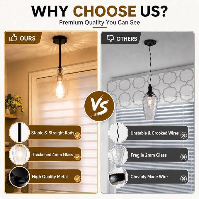 Black Pendant Lights Kitchen Island, 1 Light Modern Kitchen Island Lighting with Hand-Blown Hammered Glass, Adjustable Hanging Pendant Lights for Kitchen, Sink, Entryway