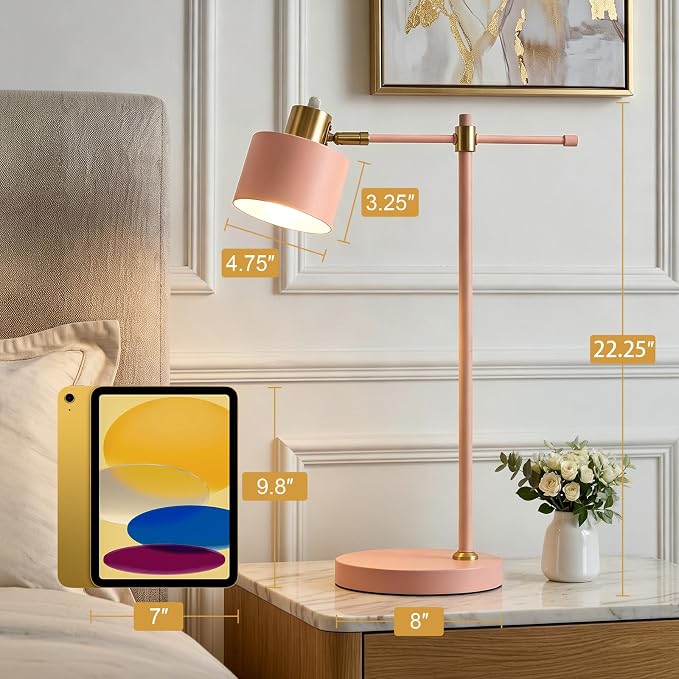 22.2" Modern Desk Lamp, Metal Table Lamp with LED Bulb, Adjustable Reading Lamps for Living Room, Mid Century Task Lamp for Home Office, Industrial Bedside Lamps with Solid Base, Pink