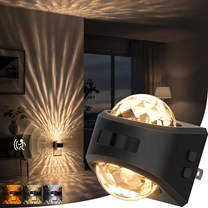 Motion Night Light Projector Dimmable 3 Colors Warm Rotatable | night lights plug into wall, dusk to dawn & motion sensor, 180°rotating, 3000K 5000K amber bedroom hallway bathroom decor