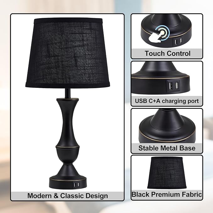 Luvkczc Black Touch Table Lamps Set of 2, 22" Tall Bedside Lamps with USB C+A Charging Ports, Nightstand Lamps for for Bedroom, Living Room, Office, with Black Lampshade, LED Bulb Included