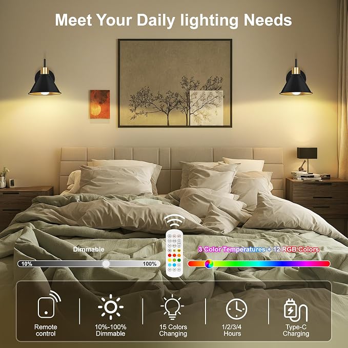 Frideko Rechargeable Wall Sconces Set of Two with Remote, RGB 15 Colors Dimmable Battery Operated Wall Lights for Living Room Bedroom, Indoor Black Wall Lamp with Timer Wireless