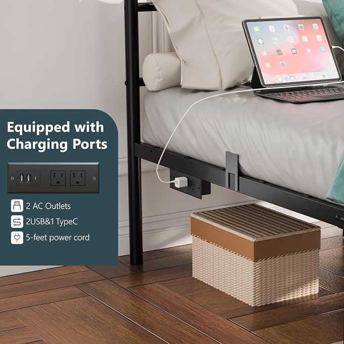 VINGLI Twin Bed Frame with LED Lights & Charging Station, Metal Platform Bed Frame with Headboard, USB Ports, Under Bed Storage, Noise Free, No Box Spring Needed, Easy Assembly, Black