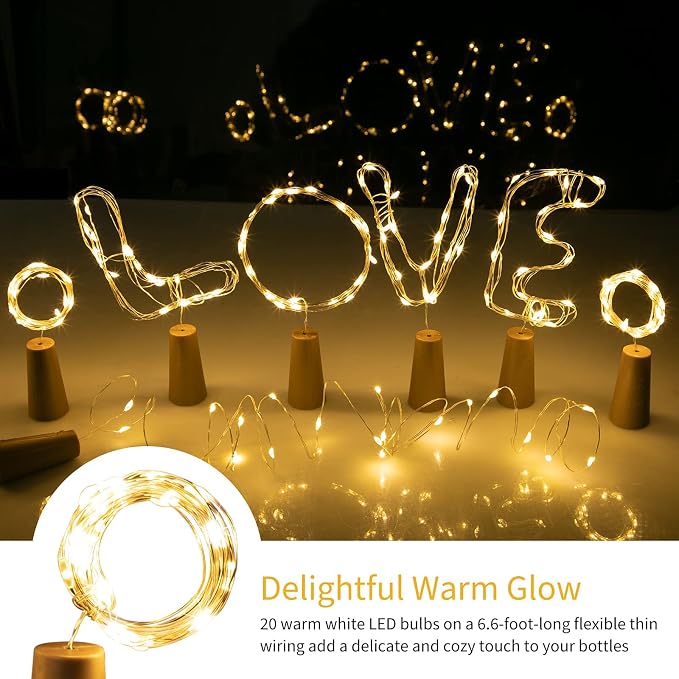 Brightown 20 Pack Wine Bottle Lights with Cork, Warm White | 7ft 20 LED Battery Operated Cork Lights, Waterproof for Liquor Bottles DIY Party Bar Christmas Holiday Wedding Décor