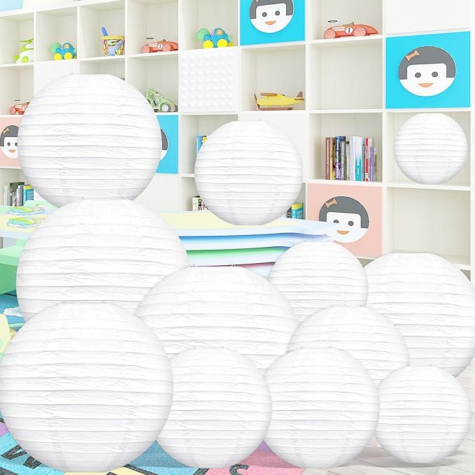 White Paper Lanterns Celehappy Hanging Round Paper Lanterns Decorative 6" 8” 10” Chinese Lanterns for Birthday Wedding Party Decoration Baby Showers Valentine Indoor Outdoor 12pcs