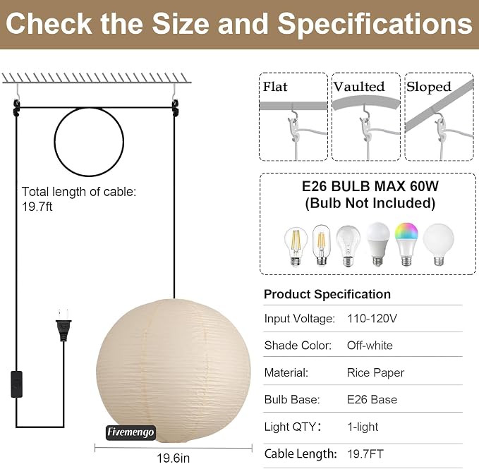 20in Paper Lanterns Plug in Hanging Lamp Off-White 19.7FT Cord | Rice Paper Lamp Lantern Pendant Light Large Globe Japanese Japandi Wabi Sabi Chandelier for Dining Living Room Bedroom 1 Pack
