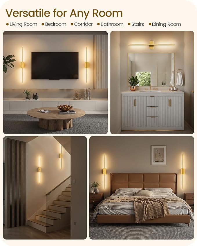 34.6" Wireless Battery Operated Wall Sconces Set of Two,Rechargeable Lamp with Remote, 360° Rotation, 10000mAh Battery, Touch Dimmable Lights for Living Room Hallway Bedroom, Gold D05YBP205