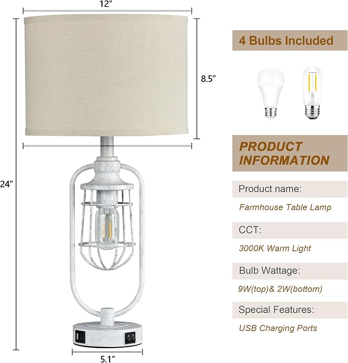 Farmhouse Table Lamps for Living Room Set of 2, Lamps for Night Stands Set of 2, Industrial Bedside Lamps for Bedroom Nightstand with USB A+C, Bulbs Included
