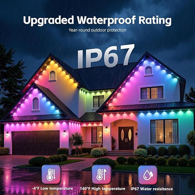 300FT Permanent Outdoor Lights for House,RGB+IC Smart Outdoor Decor,Scene Modes, App/Remote Control,IP67 Waterproof, for Christmas,Holiday, Daily & Pool Party Decor, House Roof Lighting