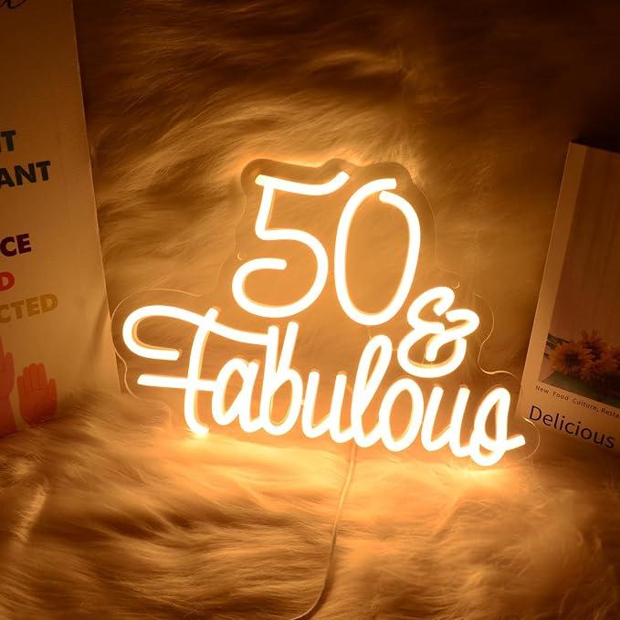 50 Fabulous Neon Light Fifty Years Old Neon Sign for 50th Wedding Anniversary Birthday Party Decorations Warm White LED Light for Wife, Mom, Daughter, Sister, Aunt, Best Friends, BFF, Coworkers