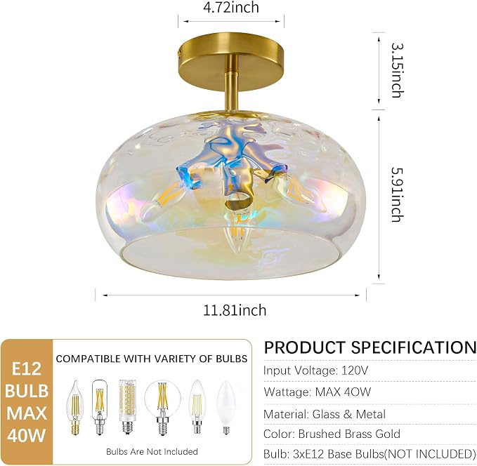 Vintage Semi Flush Mount Ceiling Light ,12″ Art Deco Rainbow Hammered Glass | Gold,Mid Century,Whimsical,MCM,Unique Cute Retro Light Fixtures for Girls Bedroom,Entryway Laundry Room Kitchen Closet Foyer