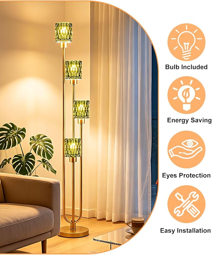 Vintage 4-Light Green Glass Floor Lamp, Dimmable Gold Standing Tall Lamp for Reading, Mid Century Modern Floor Lamp for Living Room Bedroom Home Office Corner Decor, Bulb Included
