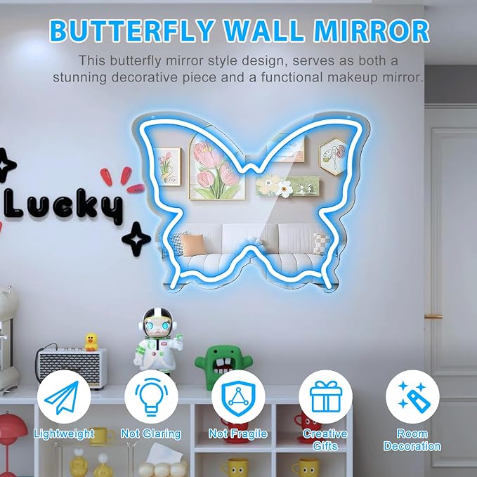 Butterfly Neon Sign Mirror, LED Neon Sign for Wall Decor, 15.7'' x 12'' Dimmable Neon Light for Teen Girls & Kids Birthday Party Gift, Neon Signs for Girl Room Decor, Wall Mirror, USB Powered (Ice Blue)