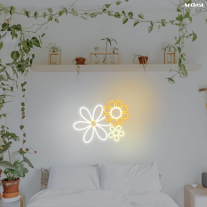 Daisy Flower Neon Sign, 13.39x13.23 inches, Cool White+Warm White+Yellow, Acrylic, Wall Mount, LED, Boho Flower, Decorative Signage for Home Decor, Gifting, Boho Vintage Decor