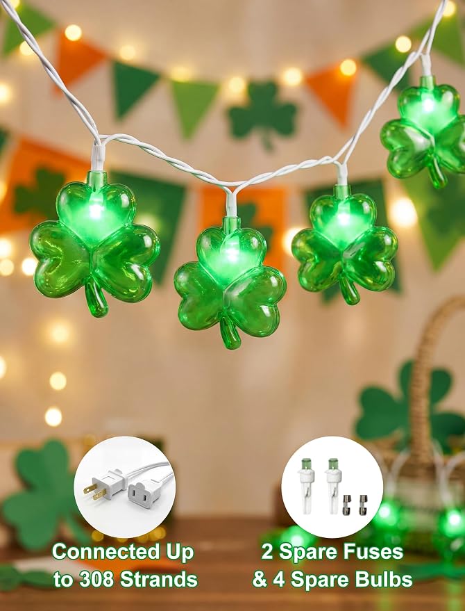 Shamrock String Lights, 8.5Ft St Patrick's Day Decorations with 10 3D Green Clover Lights, Plug in Clover Fairy String Lights for Party Bar Garden Bedroom Party Irish Holiday Decor