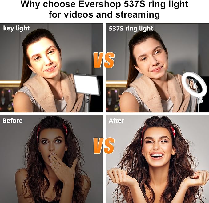 Ring Light with Stand for Streaming - Evershop 10'' Led Desk Lighting with Phone Holder for Laptop,Webcam,Computer Monitor,Circle Lights for Video Recording, Zoom Calls, Online Meetings,Selfie, Makeup