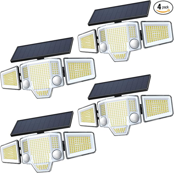 Solar Lights Outdoor 4Pack, Dual PIR & Curved 300° Wide Beam, 4000LM Solar Flood Lights Larger 3500mAh,Adjustable Solar Security Spot Lights Waterproof for Yard- Black