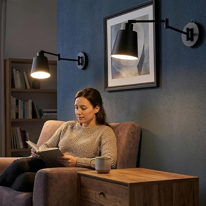 OSYNNIQ Wall Sconce Light with Adjustable Swing Arm for Bedside Reading | Wall Lamp, Modern, Industrial, Lighting Fixture, Black, Hardwired, for Bedroom/Living Room/Indoor, LED E26 Bulb Included