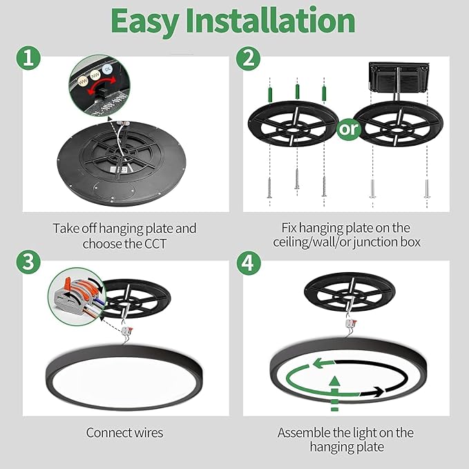 15.8Inch 6PK Black LED Flush Mount Ceiling Light, 32W, 3480LM, 3CCT | 3000K/4000K/6000K CCT Selectable, Black Close to Ceiling Round Flat Panel Light, Super Slim LED Ceiling Light for Bedroom
