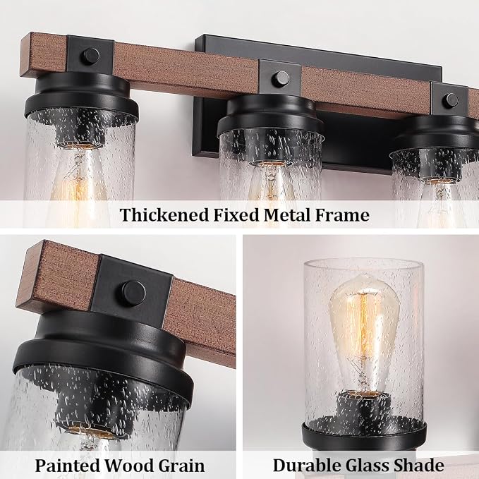 4-Light Farmhouse Vanity Lights Bathroom Lighting Fixtures Over Mirror | Faux Wood Rustic Wall Mount Light with Clear Seeded Glass Shade,Industrial Black Metal Wall Sconces for Bathroom Living Room