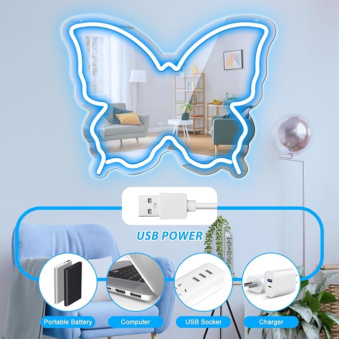 Butterfly Neon Sign Mirror, LED Neon Sign for Wall Decor, 15.7'' x 12'' Dimmable Neon Light for Teen Girls & Kids Birthday Party Gift, Neon Signs for Girl Room Decor, Wall Mirror, USB Powered (Ice Blue)