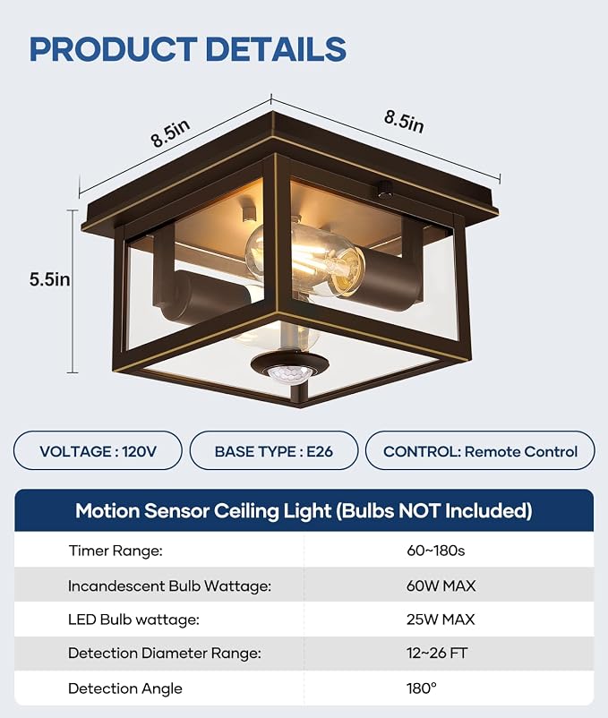 Motion Sensor Outdoor Ceiling Light with Remote, 8.5 Inch Brown and Gold Flush Mount Porch Light Fixture with United Glass Cover, 5 Modes Outside Flush Mount Light for Porch, Garage, Entryway