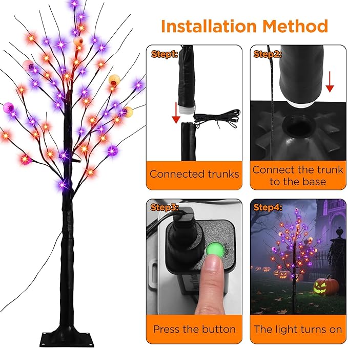 2 Pack 4FT Lighted Black Halloween Tree with 96 Purple & Orange Lights, Higher Size, Timer LED Soopky Tree Lights for Outdoor Garden Porch Home Yard Halloween Decoration