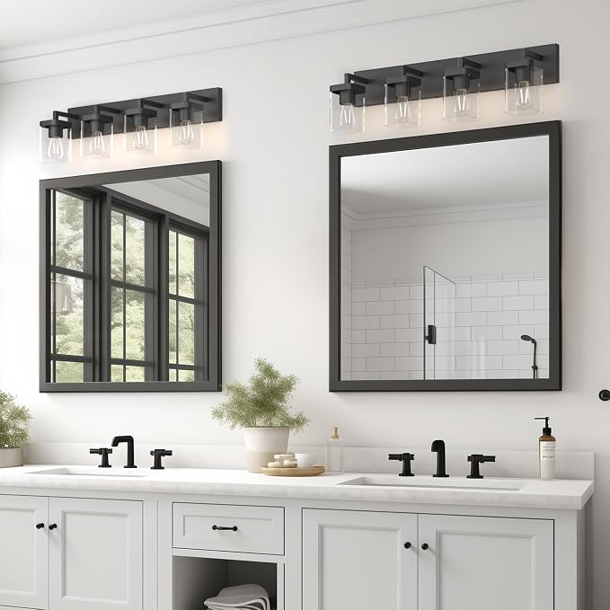 Bathroom Vanity Light, Square Design 4 Lights Morden Bathroom Lighting Fixtures Over Mirror, Black Bathroom Light Vanity Fixtures for Bathroom/Living Room/Bedroom