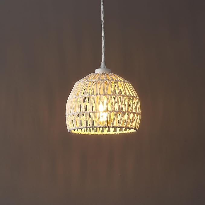 JONATHAN Y Campana 1-Light Pendant Dome Ceiling Lamp, 8.25", Cream | Modern Coastal Farmhouse Decor, Adjustable Height, Woven Rope Metal Frame, LED Bulb Included, UL Listed