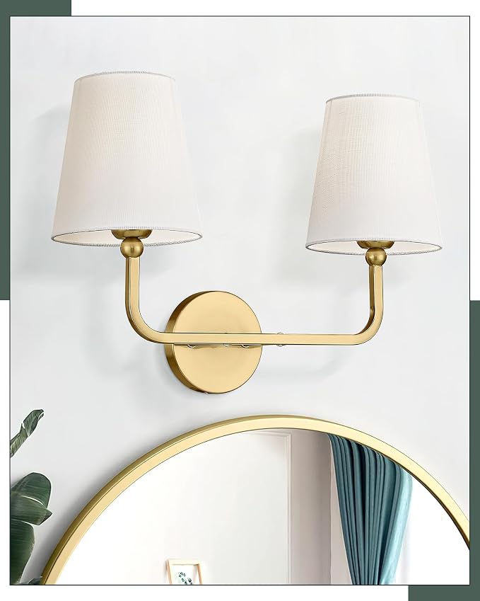 2 Light Bathroom Vanity Light, Brushed Gold Double Wall Sconce with Flared White Fabric Shade, Modern Sconces Wall Lighting for Hallway Bedroom Stairway, VL837-BG | 17" double wall sconce, upward only, E26 base, hardwired, bulbs not included, VL837-BG
