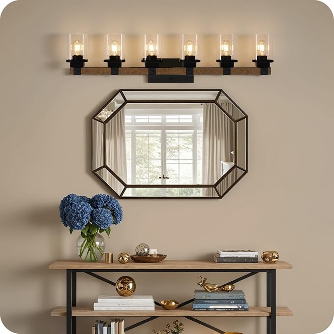 6-Light Bathroom Light Fixtures, Farmhouse Vanity Lights for Bathroom with Glass Square Shade, Rustic Vanity Lights, Sconce Wall Light, E26 Base (Bulbs Not Included), ETL Listed FS12BD05
