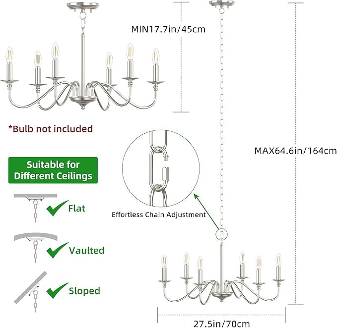 6-Light Farmhouse Chandelier 28'', Rustic Industrial Kitchen Island Pendant Lighting Fixture, Vintage Candle Ceiling Light for Dining Room, Living Room, Entryway, Bedroom-Brushed Nickel