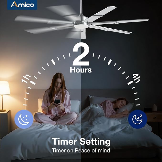 Amico 66 Inch Ceiling Fans with Lights and Remote, Nickel | 6 Speed Reversible DC Motor, 3CCT, Dimmable, Quiet, Timer, Large Modern Ceiling Fan for Living room, Indoor/Outdoor