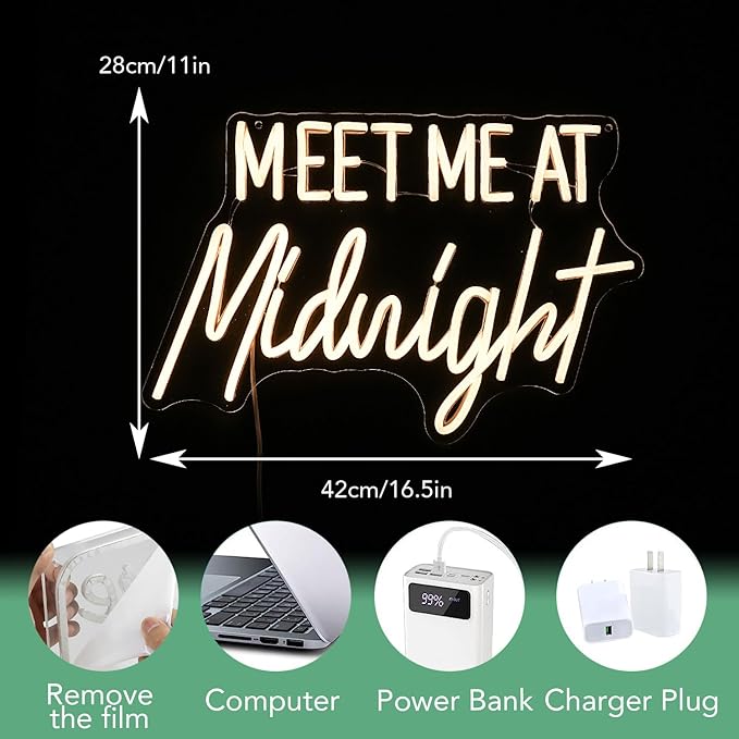 Meet Me At Midnight Neon Sign Warm White Led Light Up Words Sign for Bedroom Decor Dimmable USB Powered Neon Light for Bar Home Hotel Wall Decor Gift Sign 16.5 * 11 In