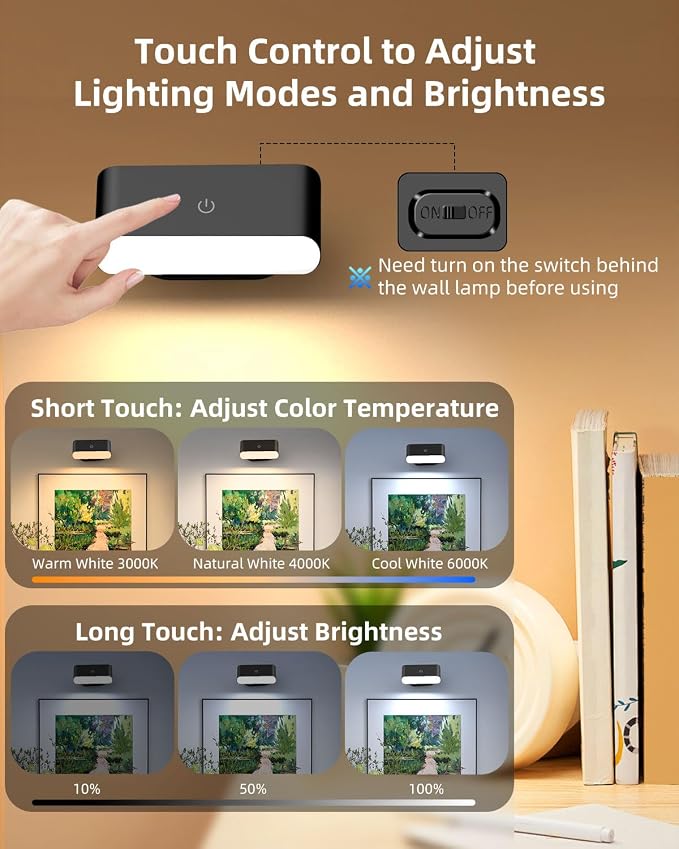Battery Operated Wall Sconce Set of 2, Rechargeable LED Wall Mounted Light with Remote Control, Stick On Magnetic Wall Lights for Bedroom, 3 Modes Dimmable Bedside Reading Wall Lamps for Bedroom | Rechargeable Wall Lights, 3 Lighting Modes, Easy Stick-...