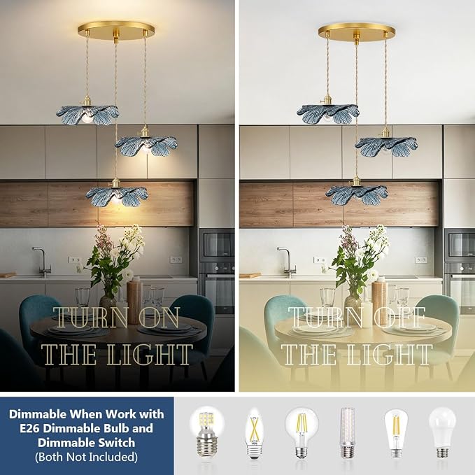 3-Cluster Chandelier Blue Glass Ceiling Pendant Light Fixtures Mid Century Adjustable Gold Brass Chandelier Lighting for Dining Room Living Room Kitchen, E26 Base